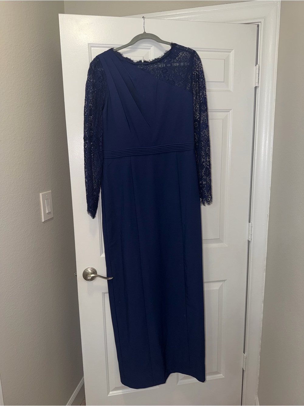 JS Collections Navy Long Sleeve Lace Evening Gown